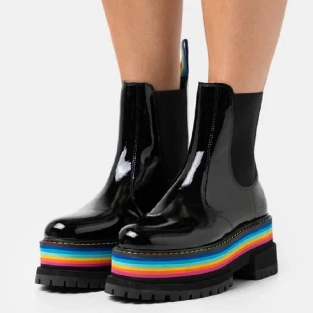 KURT GEIGER LONDON Birdie Patent Leather Chelsea Boots Rainbow Platform Black 6